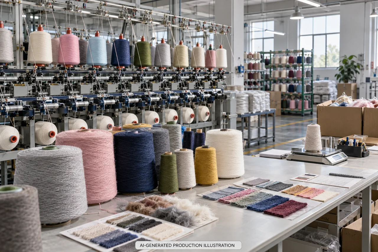 AI-generated yarn production illustration, not a photograph of FEICHEER factory